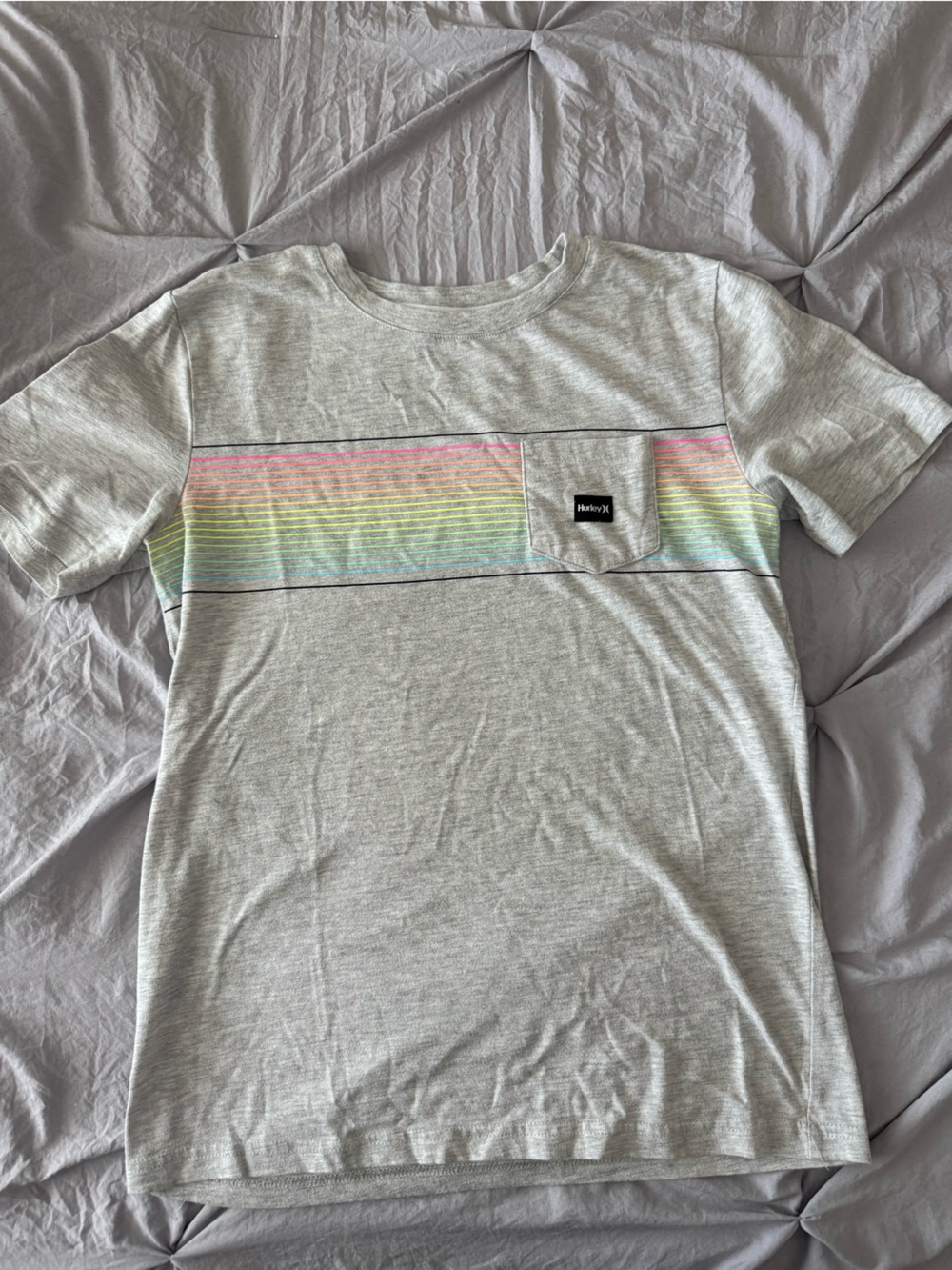 Hurley Gray Short Sleeve Tee with Pastel Rainbow Stripe